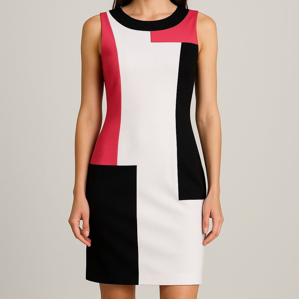 CALVIN KLEIN | Midi Dress | Size 4 | White Pink Black | Polyester Spandex Blend